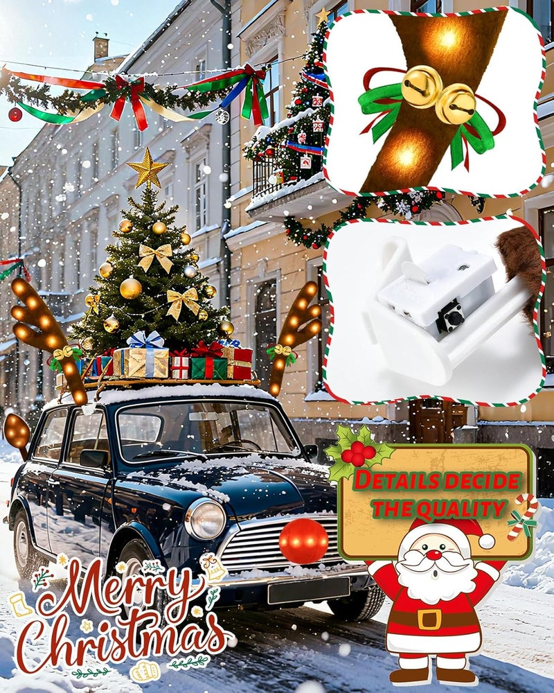Dergo Christmas Reindeer Antlers Car Decoration Kit 2025, LED Lights Nose Vehicle with Jingle Bells Rudolph, Cute Costume Auto Holiday Accessories for SUV Van Truck Decor Warm White - Image 5